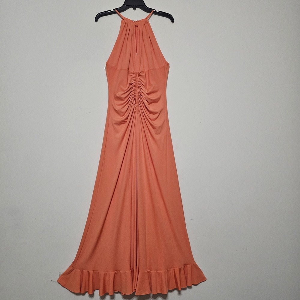 Badgley Mischka Dress Size 0 Fit X Orange Halter Ruched Sleeveless Long Maxi 350 - Picture 6 of 16